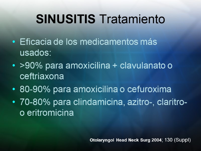 SINUSITIS Tratamiento Eficacia de los medicamentos más usados: >90% para amoxicilina + clavulanato o